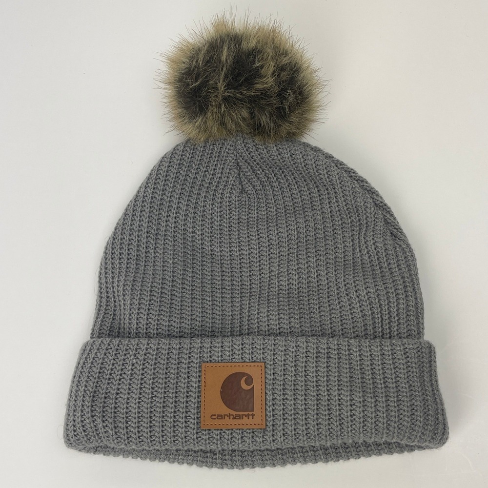 Carhartt Beanie Women OS Pom-Pom Heather Gray Faux Fur Logo Patch EUC